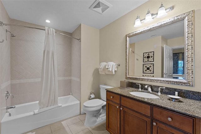 full bathroom featuring vanity, toilet, shower / bath combination with curtain, and tile patterned flooring