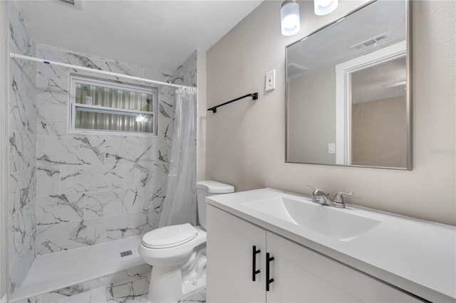 bathroom featuring marble finish floor, visible vents, toilet, vanity, and a shower stall