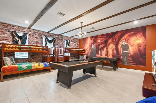 recreation room featuring beamed ceiling, light tile patterned floors, brick wall, and billiards