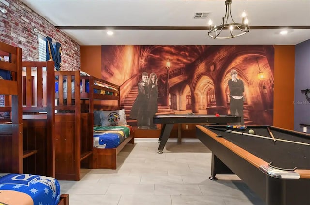 game room with brick wall, light tile patterned flooring, and pool table