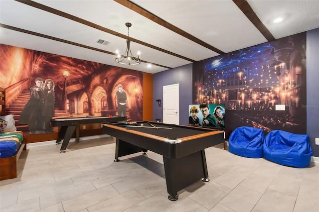 rec room featuring billiards, a chandelier, and light tile patterned floors