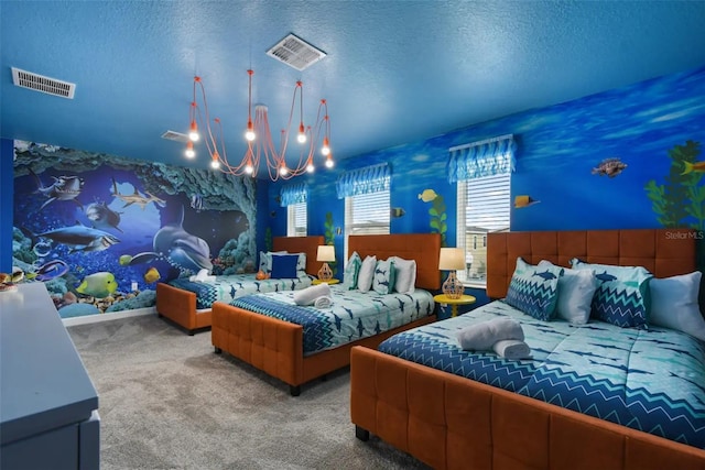 bedroom with light carpet, a textured ceiling, and a notable chandelier