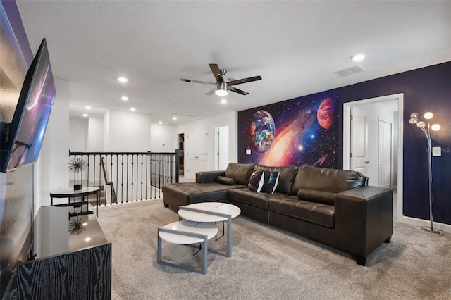 living room featuring ceiling fan and light carpet