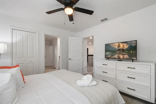 bedroom featuring ceiling fan, carpet flooring, and a closet