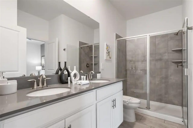 bathroom with tile patterned flooring, toilet, vanity, and walk in shower