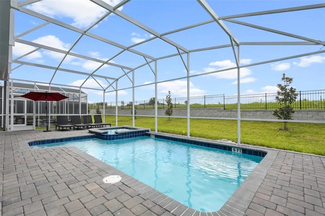 view of swimming pool with glass enclosure, a patio, an in ground hot tub, and a lawn