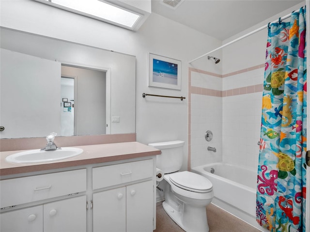 full bathroom featuring vanity, shower / bath combination with curtain, and toilet