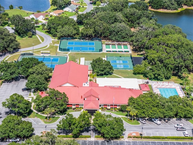 drone / aerial view with a water view