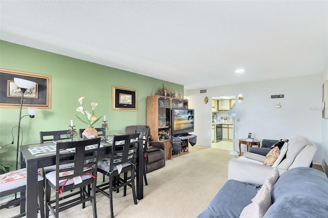 living room featuring a textured ceiling and light colored carpet