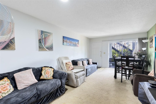 carpeted living room with a textured ceiling