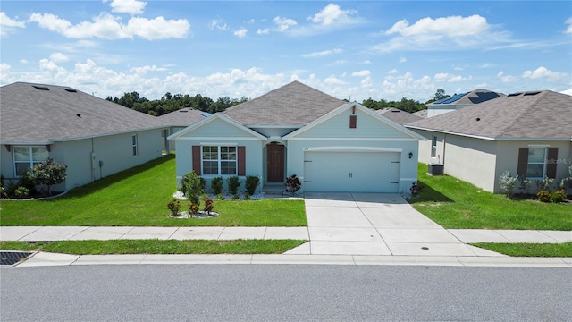 ranch-style home with a garage, central AC, and a front yard