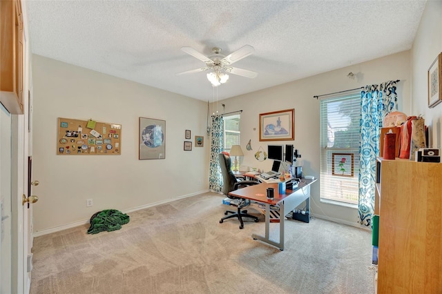 office space with light colored carpet, a healthy amount of sunlight, ceiling fan, and a textured ceiling