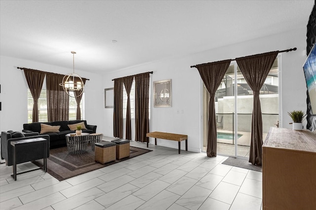 interior space with light tile patterned floors and an inviting chandelier