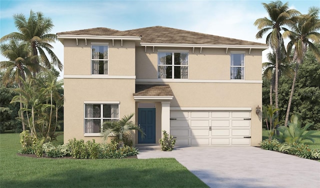 traditional-style house with a garage, a tiled roof, concrete driveway, and stucco siding