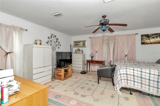 bedroom featuring a textured ceiling and ceiling fan