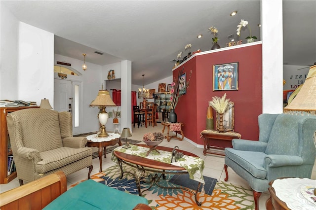 tiled living room featuring vaulted ceiling and an inviting chandelier