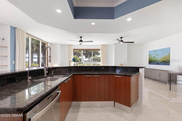 231 Riverside Dr Unit 101-1, Holly Hill, FL 32117 - kitchen featuring dishwasher, recessed lighting, modern cabinets, brown cabinetry, and dark stone counters