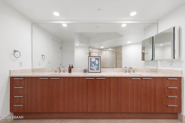 231 Riverside Dr Unit 101-1, Holly Hill, FL 32117 - full bath with double vanity, a shower stall, and recessed lighting