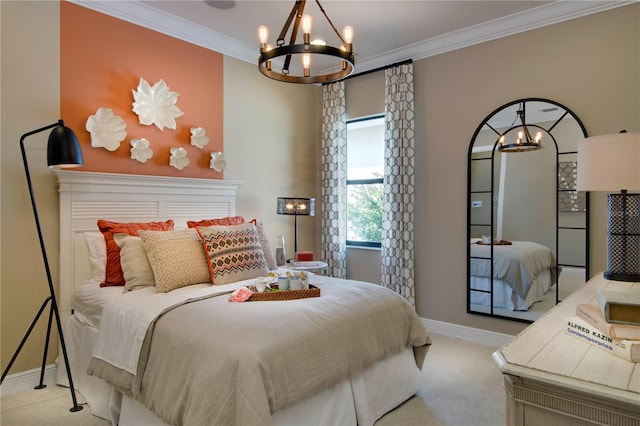 carpeted bedroom with a notable chandelier and crown molding