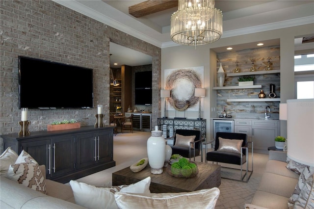 living room with crown molding and indoor wet bar