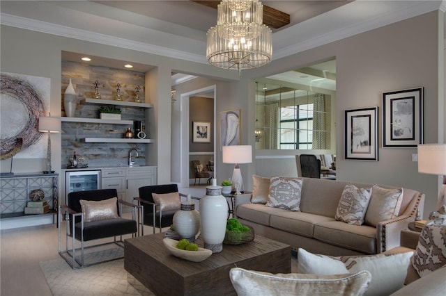 living room featuring wine cooler, light wood-type flooring, wet bar, and crown molding