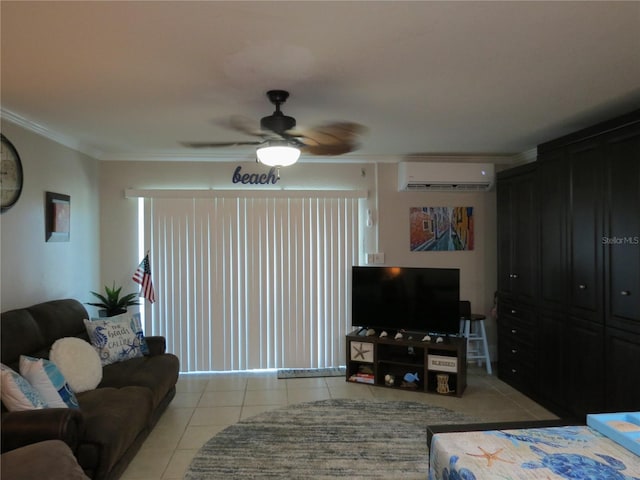 living area with light tile patterned floors, ornamental molding, a wall mounted AC, and a ceiling fan