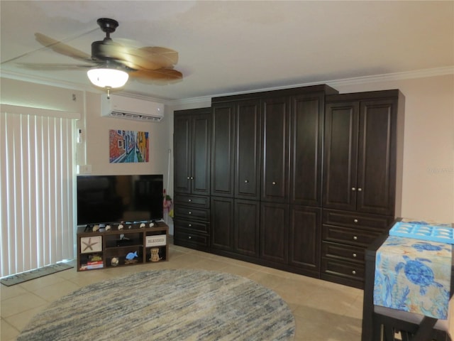 bedroom featuring a wall unit AC, light tile patterned floors, ceiling fan, and crown molding