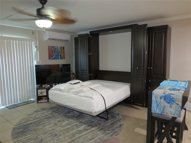 bedroom featuring ceiling fan, an AC wall unit, ornamental molding, and light tile patterned flooring