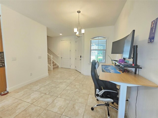 tiled office space featuring a notable chandelier