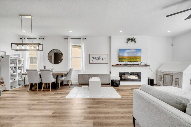 living room with light wood-type flooring, ceiling fan, and a textured ceiling