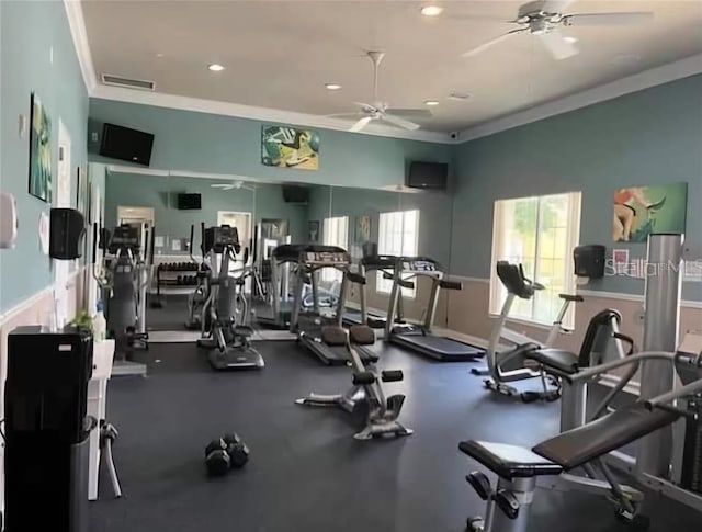 401 Cabello Dr, Davenport, FL 33837 - workout area featuring ceiling fan, crown molding, and recessed lighting