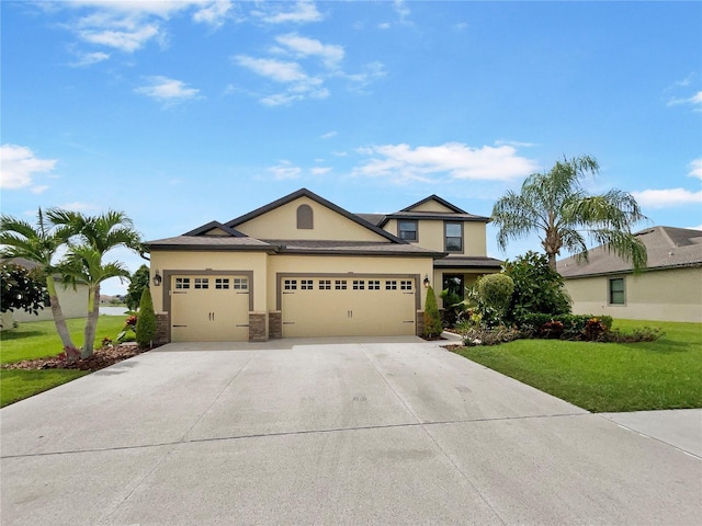 view of front facade with a garage, driveway, stone siding, a front lawn, and stucco siding