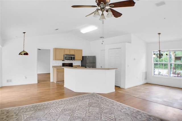 kitchen with stainless steel appliances, light hardwood / wood-style floors, ceiling fan with notable chandelier, vaulted ceiling, and hanging light fixtures