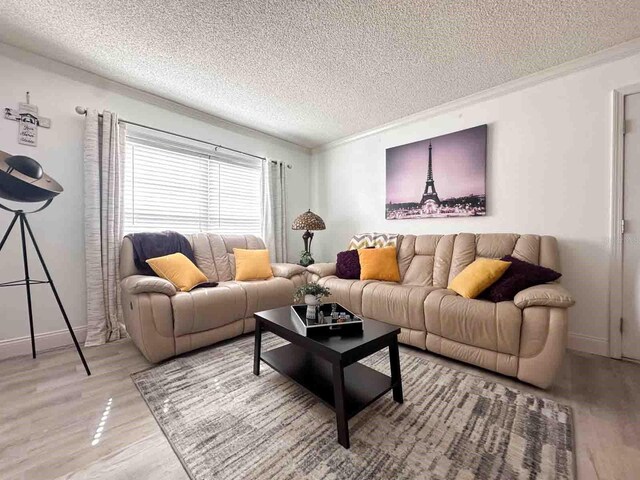 living room with hardwood / wood-style flooring, crown molding, and a textured ceiling