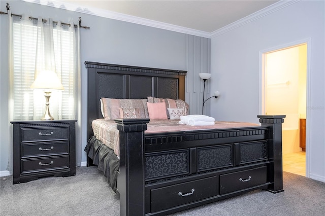 carpeted bedroom featuring ornamental molding