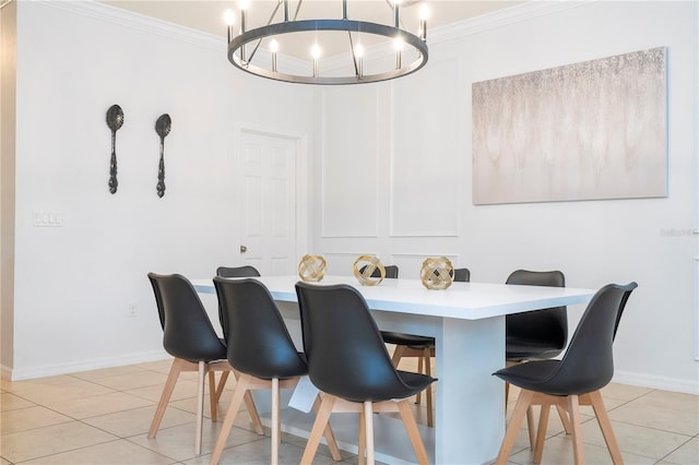 tiled dining area featuring an inviting chandelier and crown molding