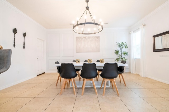 tiled dining area with a chandelier and ornamental molding