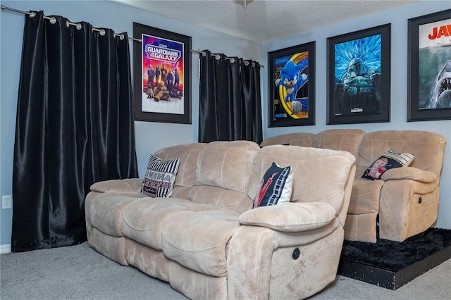 carpeted living room featuring a textured ceiling