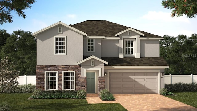 view of front facade featuring an attached garage, fence, decorative driveway, and stucco siding