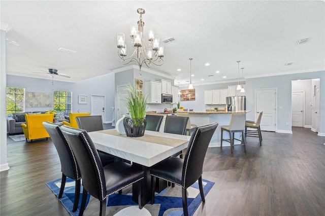 dining space with dark wood-style floors, ornamental molding, visible vents, and baseboards