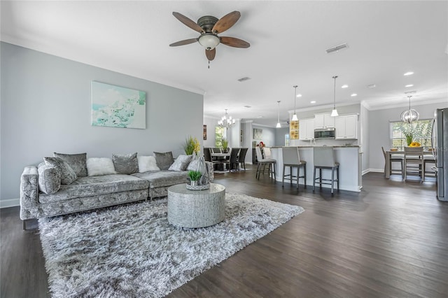 living room with ornamental molding, dark hardwood / wood-style floors, and ceiling fan with notable chandelier