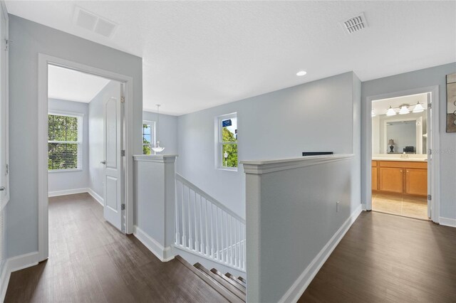 corridor featuring sink and dark hardwood / wood-style flooring