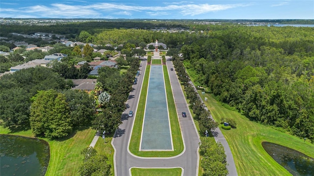 bird's eye view featuring a water view and a wooded view