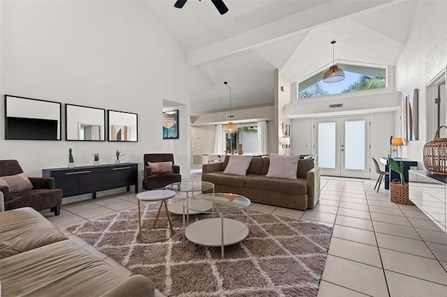 living room with ceiling fan, beamed ceiling, french doors, high vaulted ceiling, and tile patterned flooring