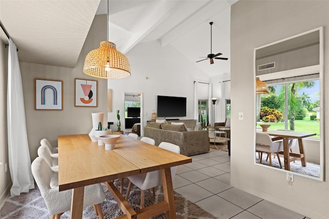 dining area with high vaulted ceiling, a healthy amount of sunlight, ceiling fan, and tile patterned floors