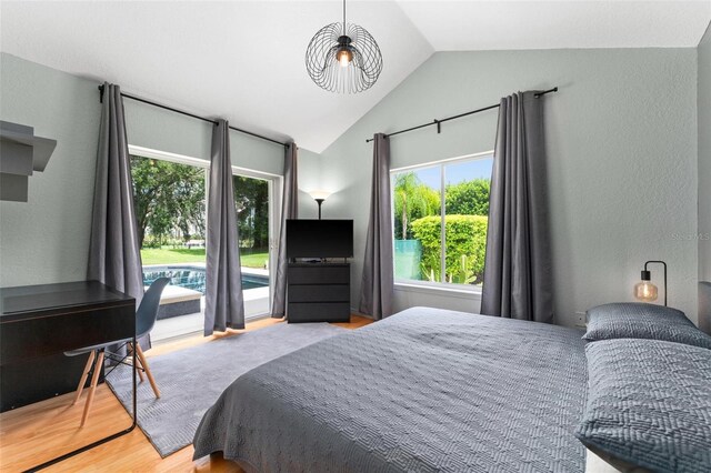 bedroom featuring lofted ceiling and light hardwood / wood-style flooring