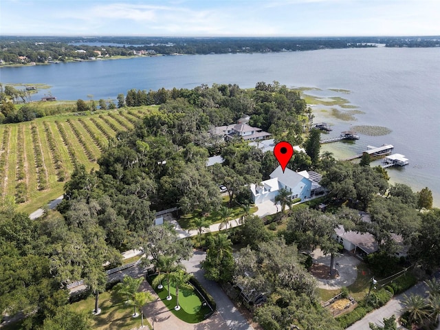 birds eye view of property with a water view and a rural view