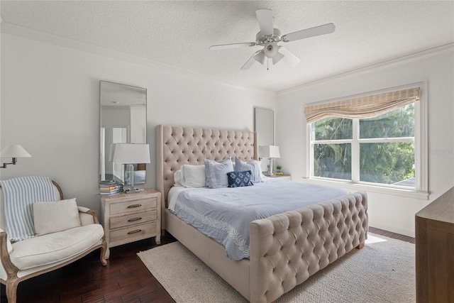 bedroom featuring ceiling fan, dark wood-type flooring, crown molding, and a textured ceiling