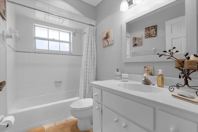 bathroom featuring vanity, shower / bath combination with curtain, toilet, and tile patterned floors