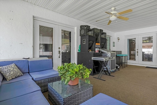 view of patio / terrace featuring a ceiling fan, french doors, and outdoor lounge area